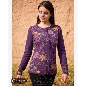 Classic Alpaca Zip Up Cardigan Women Purple Good Floral Embroidered Baby Alpaca